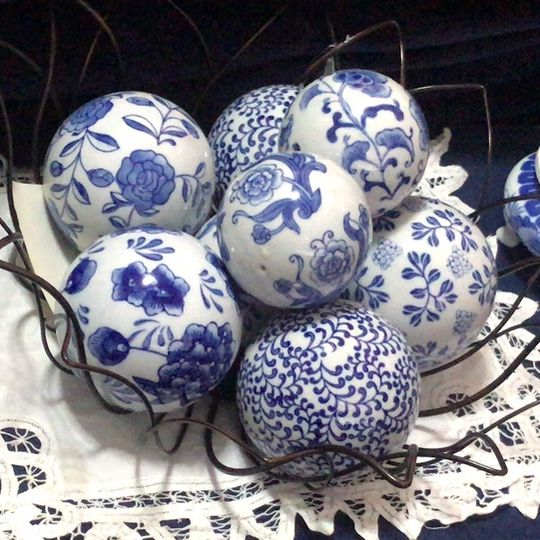 6 Ceramic Balls 4” White And Blue And The Basket Is Separate