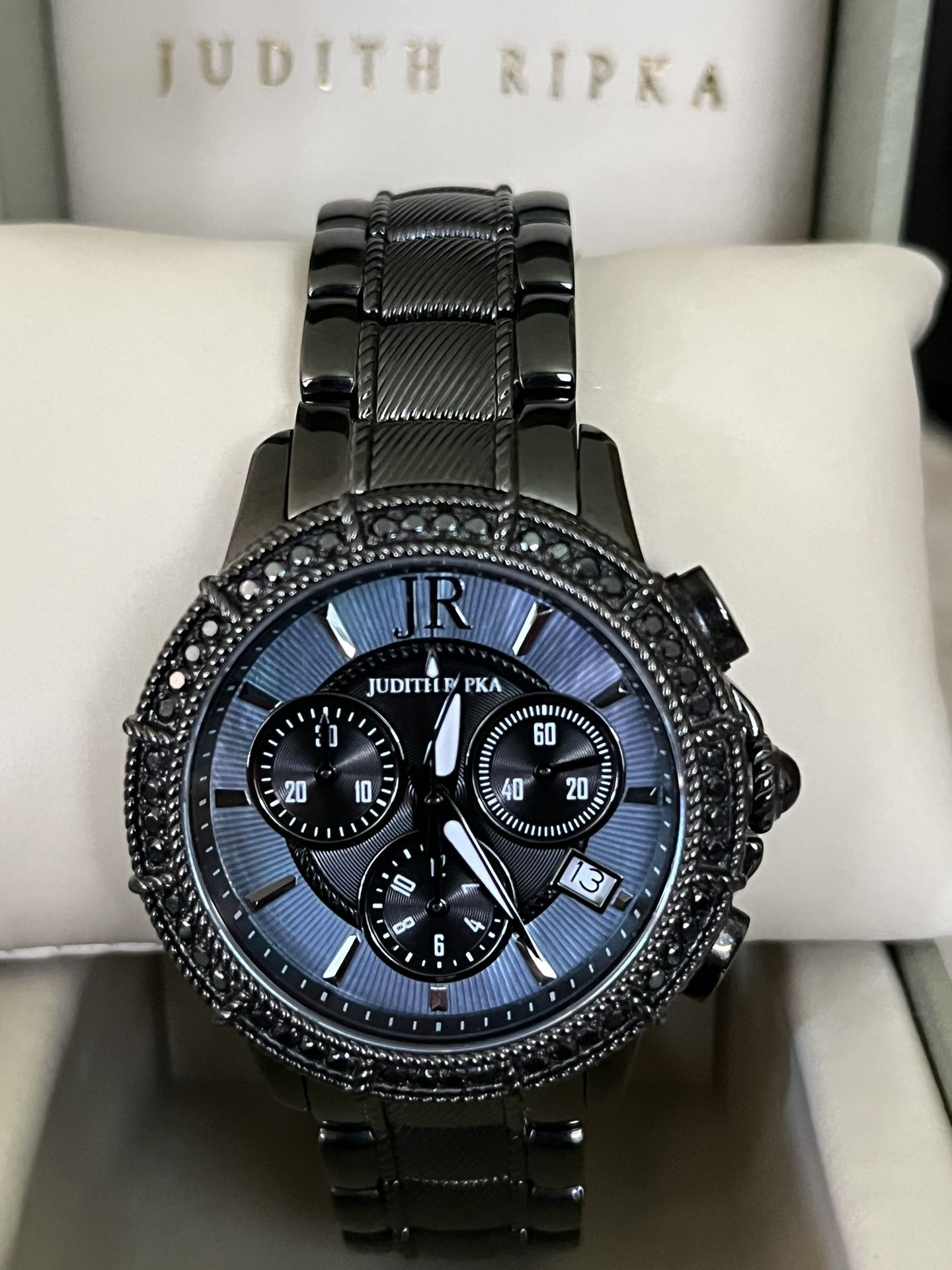 Judith Ripka Stainless Steel Chronograph Textured Watch Black Average Judith Ripka Stainless Steel Watch with Black Mother of Pear  main image 4