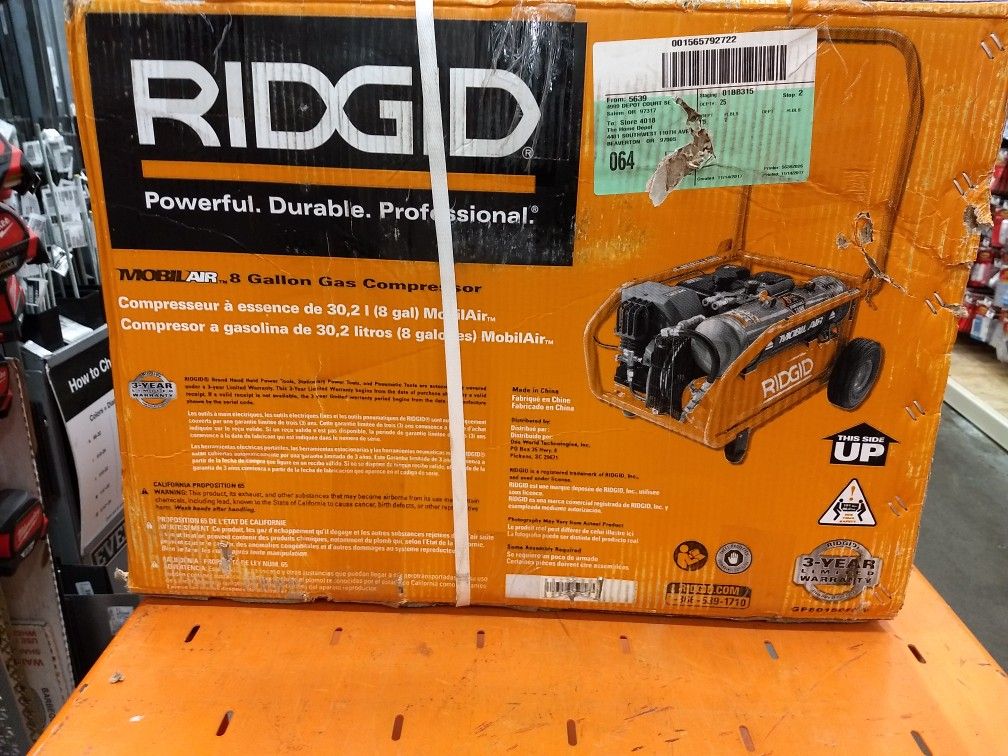 RIDGID 8 Gal. Portable Gas Power Zero Gravity Air Compressor - New