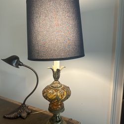 Pair Of Vintage Amber Glass & Antique Brass Lamps With New Navy Shades 