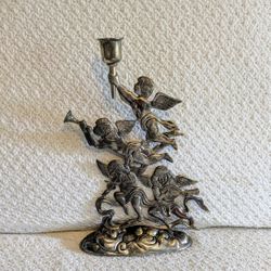 Candle Holder Silver Cherub Angels Playing Musical Instruments 10" H x 6" Base