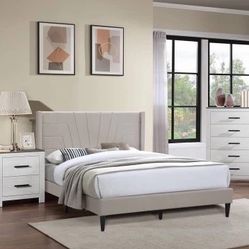 Queen Size Light Brown Platform Bed With Orthopedic Mattress 