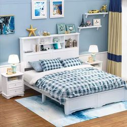 Queen Size Platform Bed with Storage Headboard ,Wooden Storage Bedframe with Shelves,Easy to Assemble,No Box Spring Needed (White)