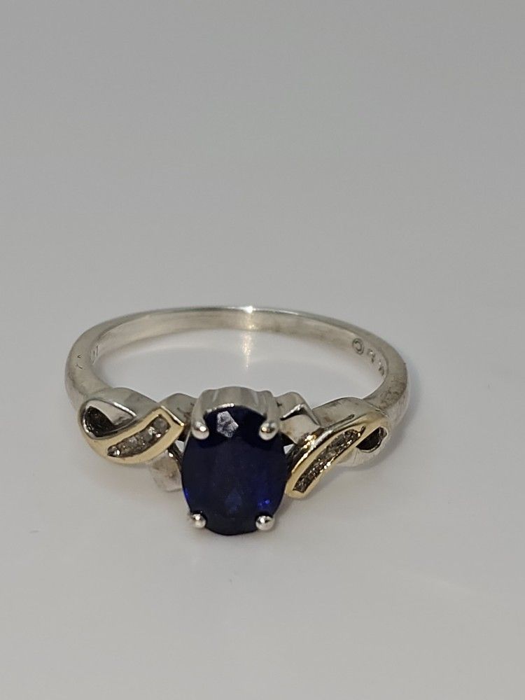 Sapphire W/ Single Cut Diamonds, Silver With Yellow & White Gold Plated