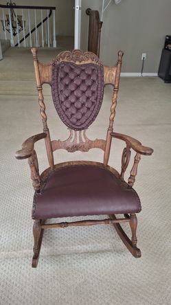 Vintage Carved Wood & Tufted Leather Rocking Chair