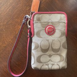 Coach  Small Canvas Beige/pink Top Zip Wristlet 