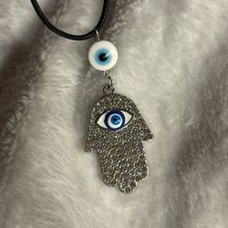 Silver Hamsa And Evil Eye Charm Adjustable Necklace