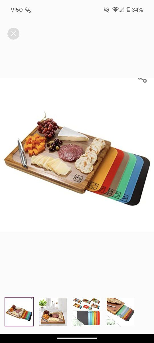 Classic Bamboo Premium Wood Cutting Board Serving Tray w/ 7 Color-Coded Mats