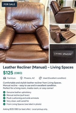 Living Spaces Brown Leather Manual Recliner