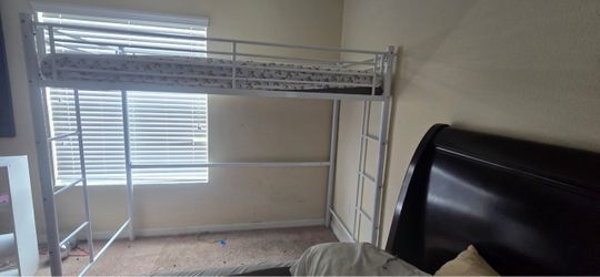 White Metal Loft Bed Frame and mattress