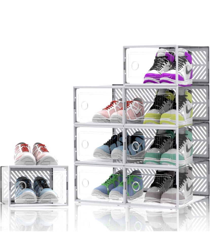 Plastic Shoe Boxes with Lids, 8 Pack XX-Large Shoe Organizer for Closet, Shoe Boxes Clear Plastic Stackable Shoe Storage Box, Drop Front Shoe Box Clea