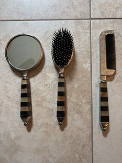 Elegant 3-Piece Vanity Set – Hand Mirror, Hair Brush & Comb – Decorative Black Striped Handles