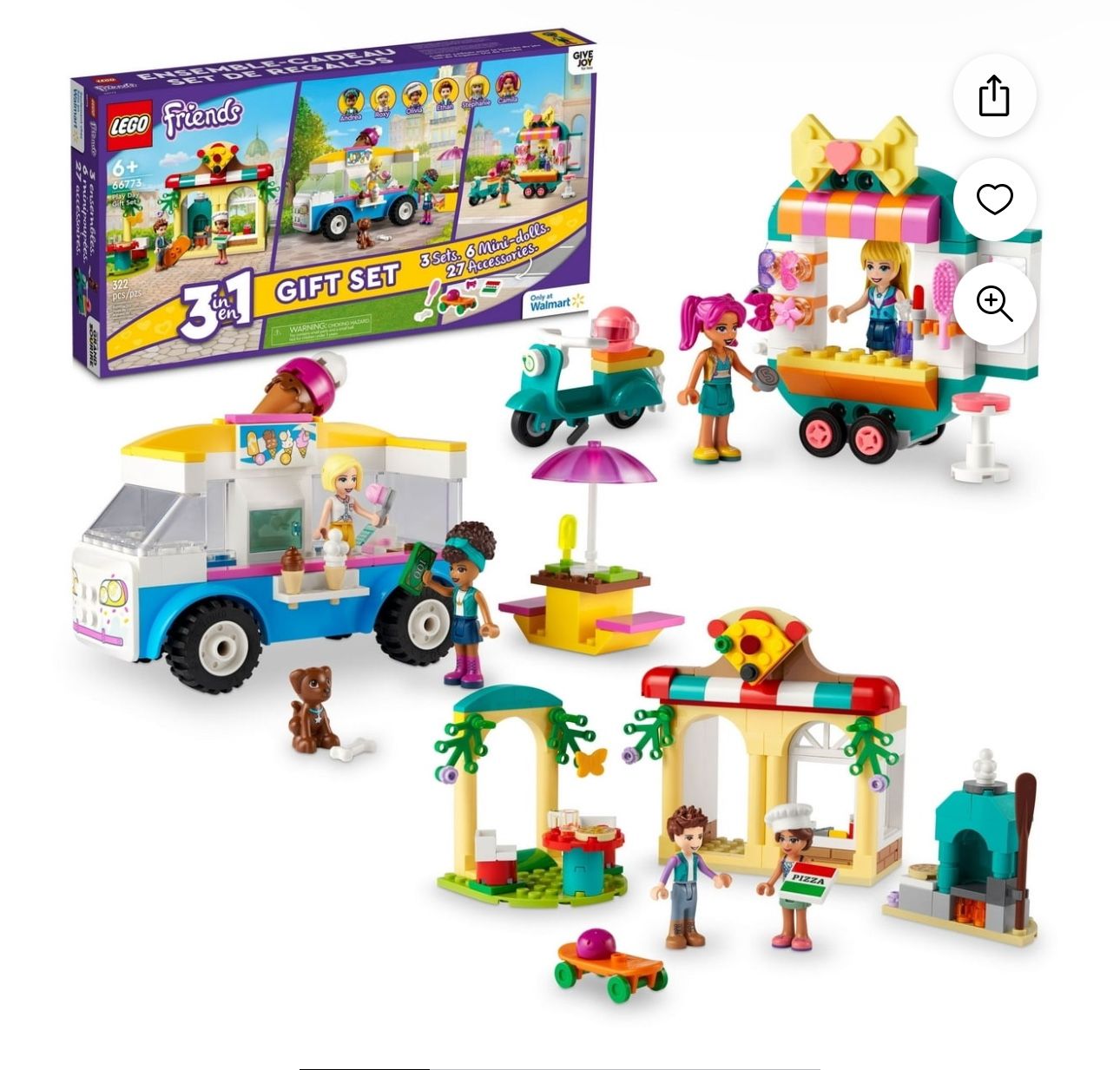 LEGO Friends Play Day Gift Set, 3in1 Building Set, Toy for 6+ Year Old Girls and Boys, Includes Ice Cream Truck, Mobile Fashion Boutique, and Pizzeria