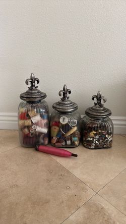 3 Decorative Glass Jars with Vintage Buttons & Thread