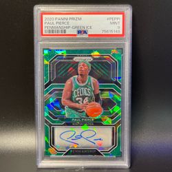 Paul Pierce 2020-21 Prizm Green Ice Penmanship Auto /16 PSA 9 Celtics ColorMatch