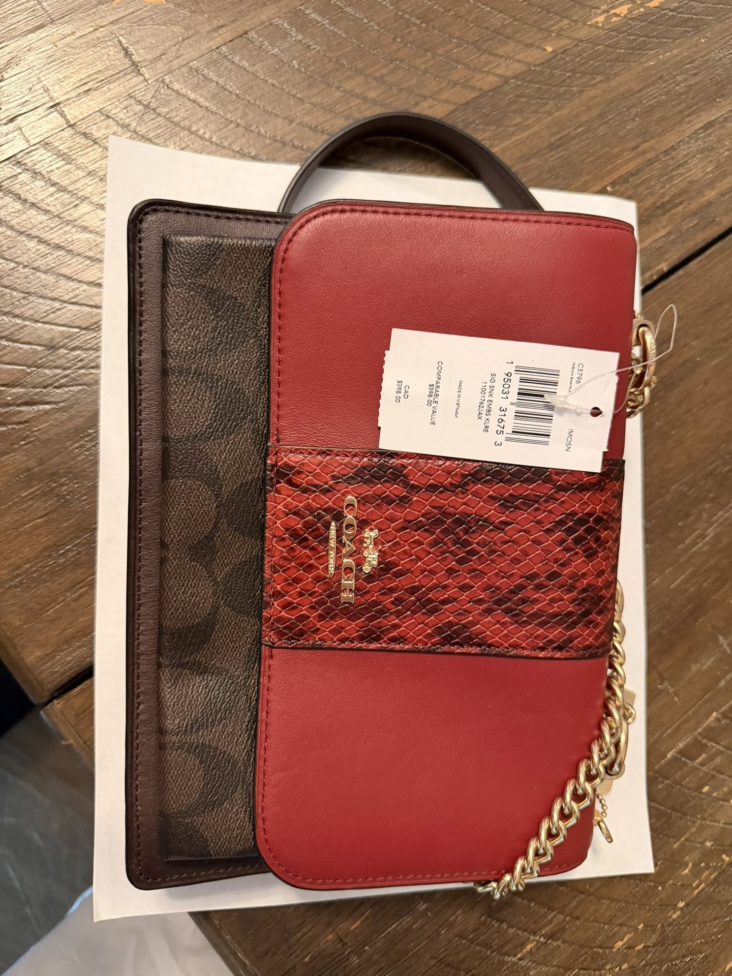 Coach Klare Crossbody Bag – Red Leather with Snake-Print Detail & Chain Strap