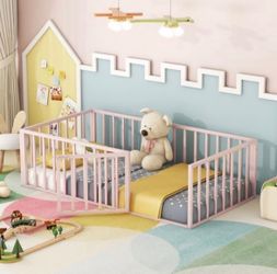 NEW Metal Floor Bed Frame with Fence and Door,Protection (Pink, Twin)