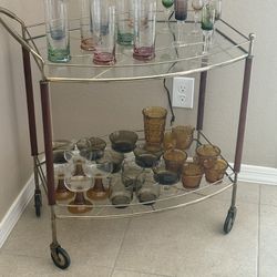 Mid Century Vintage Bar Cart Glass And Brass Wood Legs