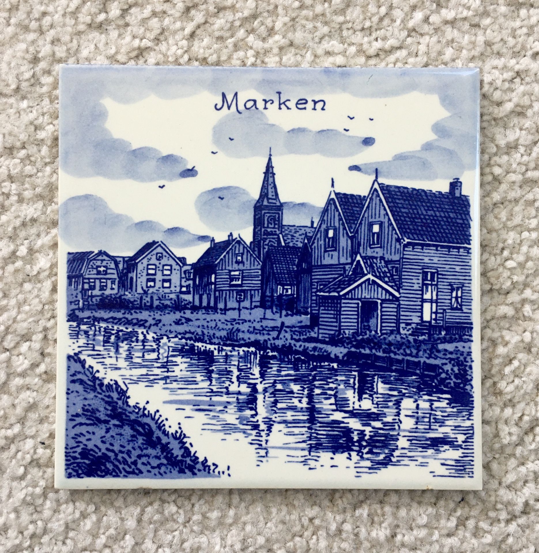 Vintage Delft Blue MARKEN VILLAGE Ceramic Wall Tile Trivet 6” x 6” - Holland