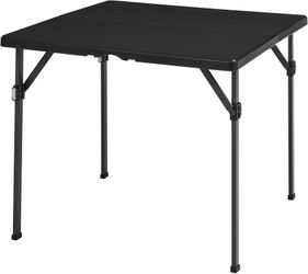 ES293 $30  Amazon Basics 34 inch Portable Sturdy Folding Dining Table with Carrying Handle, Space Saving Storage, Square, 33.9 x 29.1 x 33.9 inch, Bla