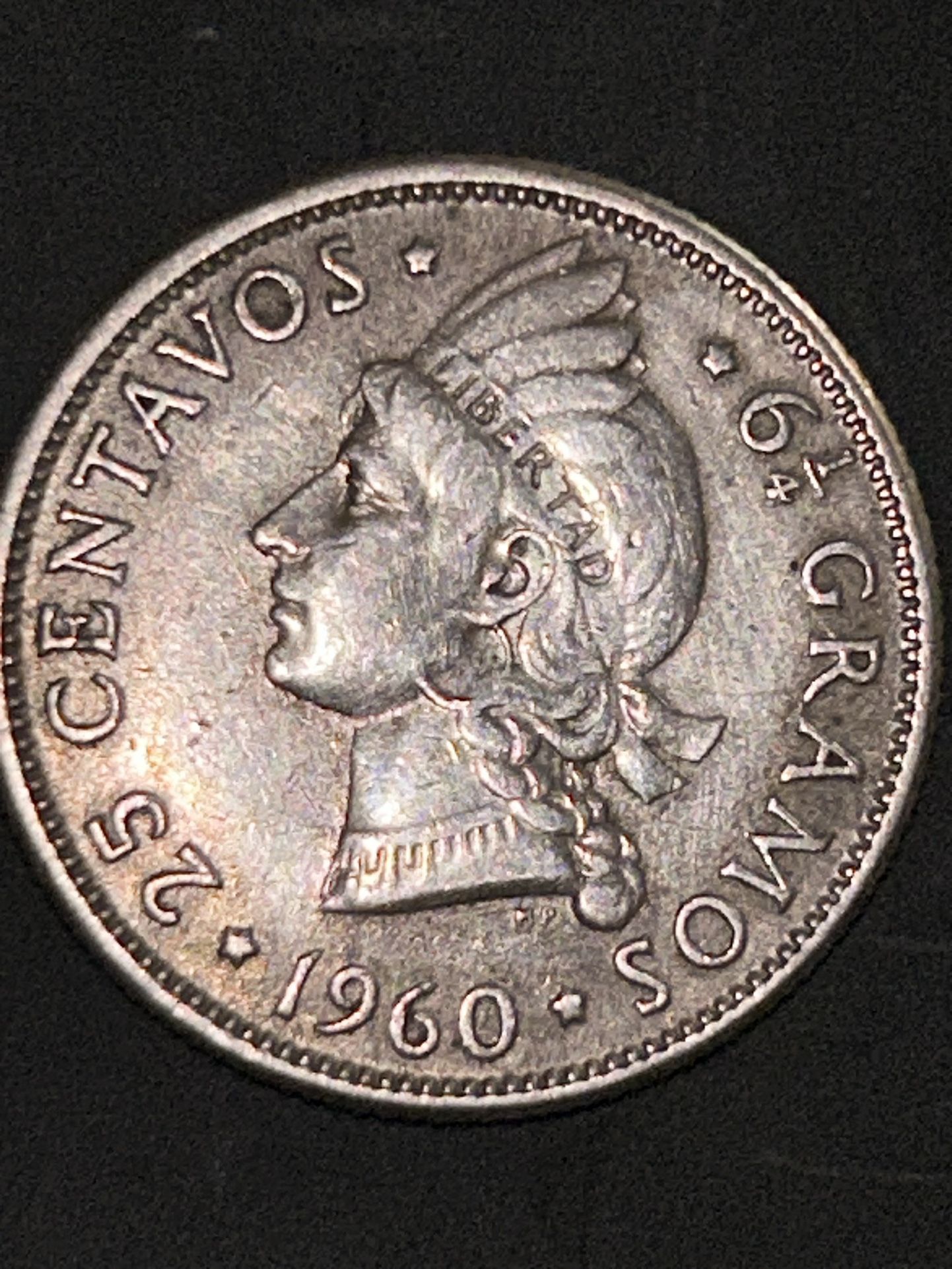 1960 DOMINICAN REPUBLIC Woman of Liberty ANTIQUE Silver 25 Centavos Coin i97011
