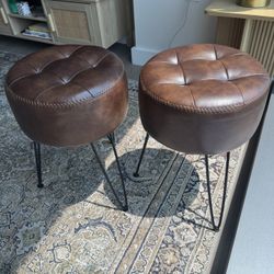 19” Dark Brown Leather Stools / Ottomans (2x)