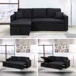 Black Linen Sectional Sofa Pull Out Bed With Storage 