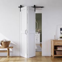 Bifold Barn Door 36" x 84", MDF Bi-Fold Sliding Closet Doors Hardware Kit Included, Pre-Finished Easy Assembly, Water-Proof PVC Surface & Save Space,