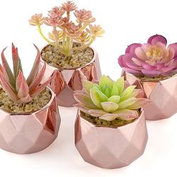 Artificial Succulent Plants in Rose Gold Ceramic Pots – Set of 4 Mini 2in Planters – Home & Office Decor