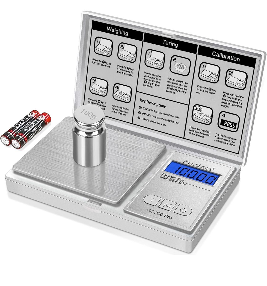 Fuzion Digital Pocket Scale .01 Gram Accuracy, 200g Digital Gram Scales for Small Food, Jewelry, Herb, Spice, Coin - Weight Gram and Oz - 100g Calibra