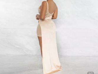 Nude Rhinestones Mesh Sheer Dress & Gold Silky