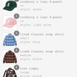 Supreme FW 23” Week 12 Corduroy Hats, lined flannel snap shirt, Rose Rugby
