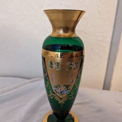 Beautiful Vintage Bohemian Czech Enameled Green & Gold Vase