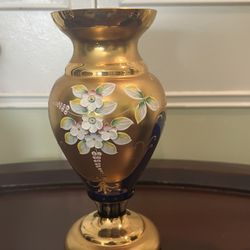 Vintage Bohemian Cobalt Blue Crystal Vases | Hand-Painted Floral Gold Decor With a Pair of Gold Beaded Venetian Style Vases
