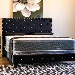 New Queen Size Black Diamond Bed Frame With Mattress And BoxSpring Set. (And A Free Delivery)