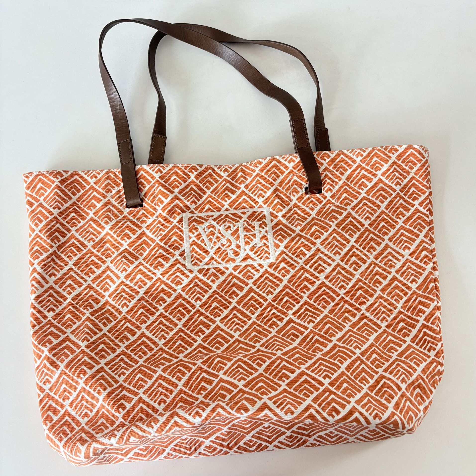 Pottery Barn Orange & White Tote Bag Vacation Beach Canvas Handbag Cotton 21x14