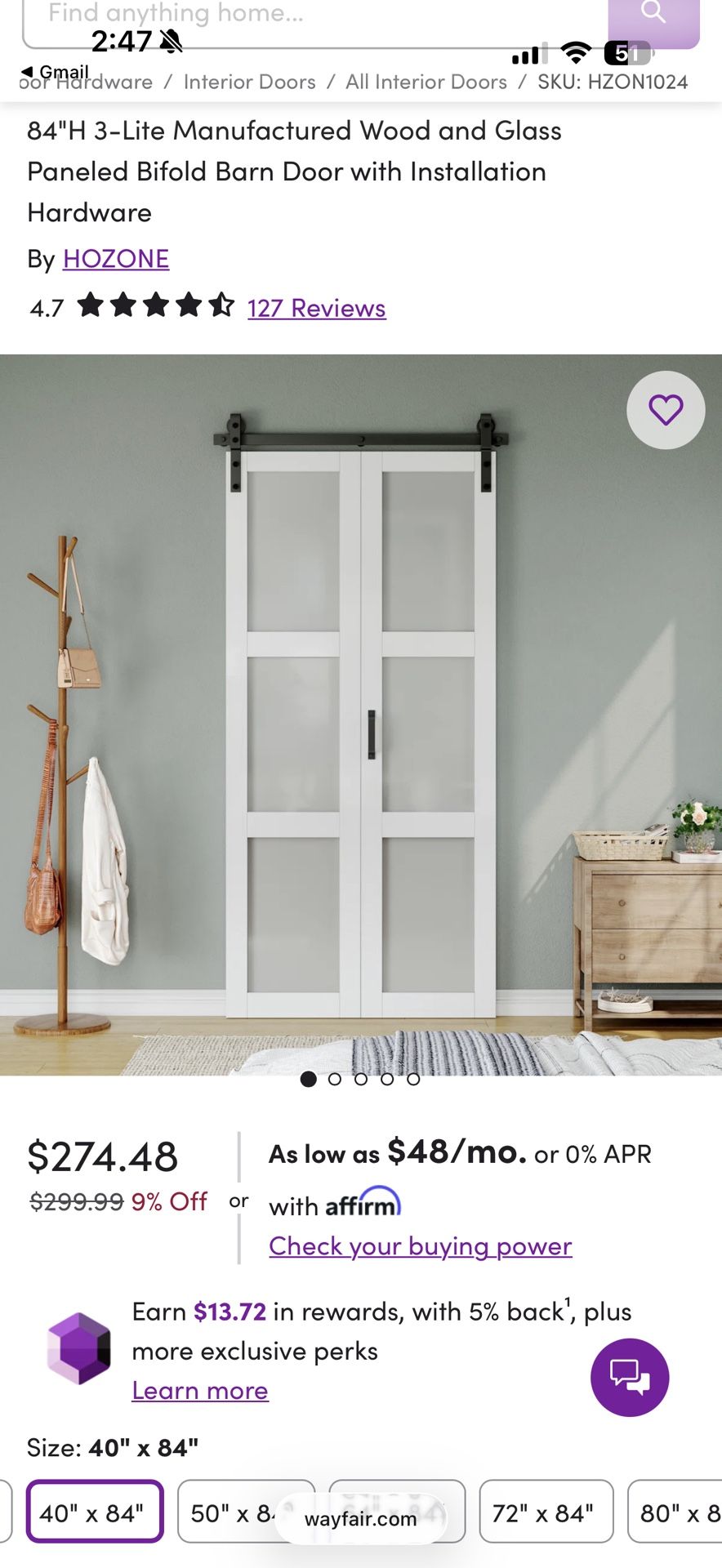 84” X 40” Bifold Barn Door