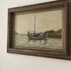 Antique French sailboat oil on canvas
