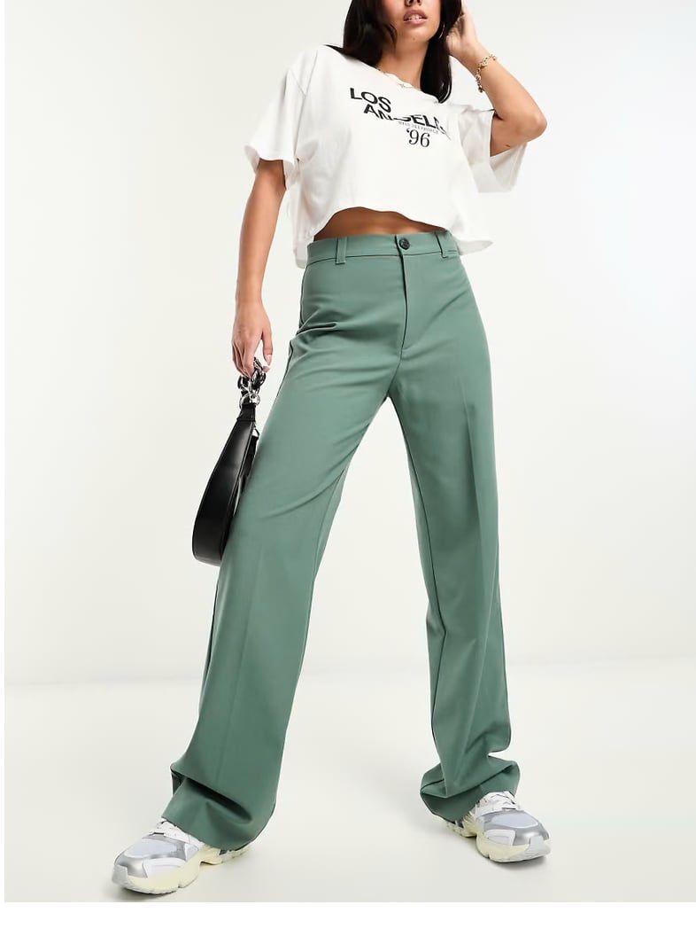 Pull&Bear High Waisted Tailored Straight Leg Pants In Dark Green