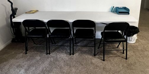 Long White Plastic Table, With 4 Black Metal Cushioned Chairs