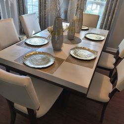 Dining Room Table With Extension Leaf And Six White Leather Chairs