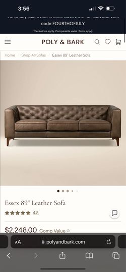 Brand New Poly and Bark Essex 89" Leather Sofa