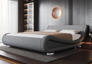 Queen Size Bed Frame with Ergonomic & Adjustable Headboard, Low Profile Modern Upholstered Platform Sleigh Design - Easy Assembly, No Box Spring Requi