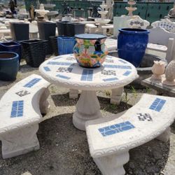 Concrete Mosaic Picnic Table with 3 Benches/ Outdoor Patio Furniture