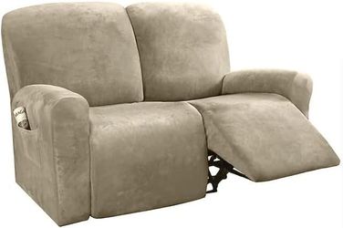 Khaki Velvet Loveseat Couch Cover – Stretch 2-Cushion Sofa Slipcover Furniture Protector