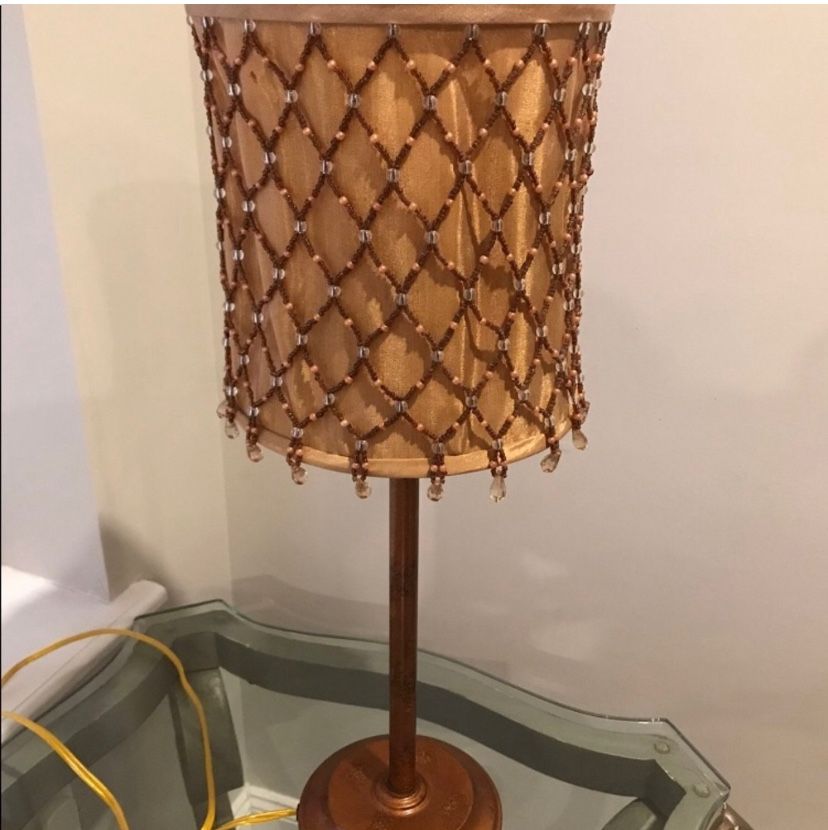 BRONZE LAMP WITH BEADED SHADE