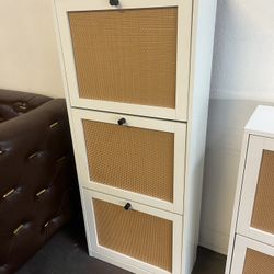 Rattan Shoe Cabinet, Entryway Cabinet Wooden Shoe Rack with 3 Flip Drawers, 3-Tier Shoe Storage Cabinet for Entryway Hallway, White
