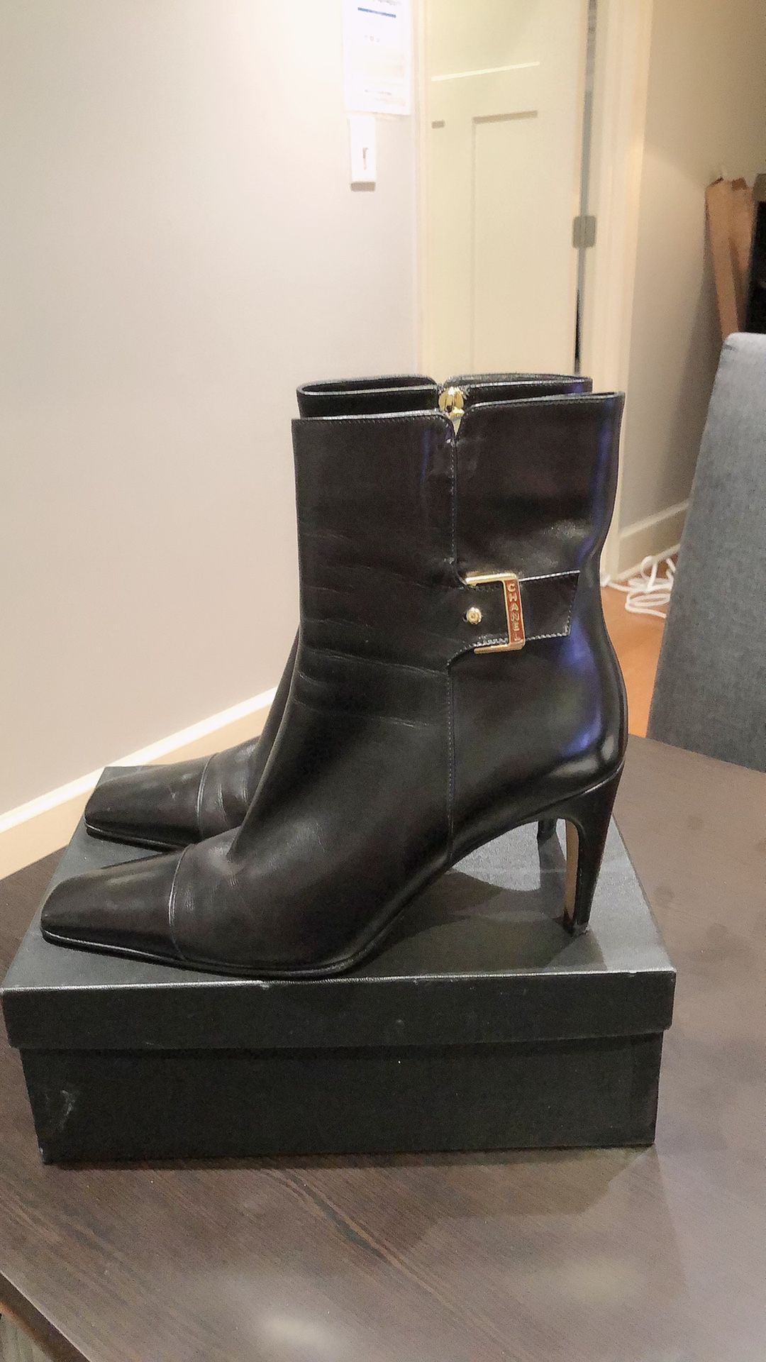 CHANEL Black Leather Zip Boots