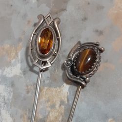 2 STERLING SILVER Vintage STICK PINS Citrine Quartz & Tigers Eye 