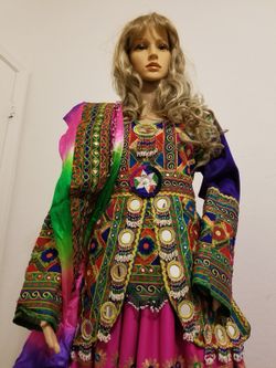 Women's blue, green, pink, and beige floral traditional dress